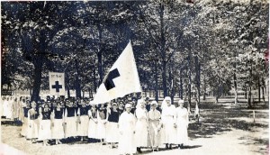 St. Olaf Girls, Red Cross Unit at Liberty Day Parade 4/6/1918 Gertrude Hilleboe: 1st left, front row