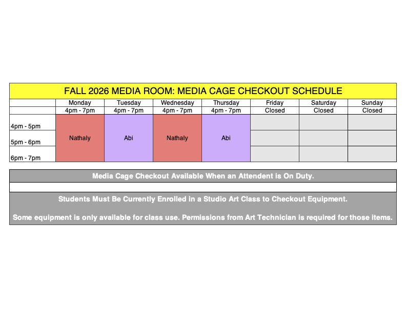 Fall 2026 Media Room Media Cage Checkout Schedule Listing