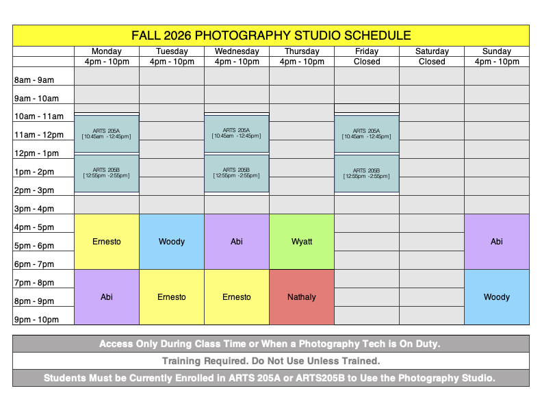Fall 2026 Photography Studio Schedule