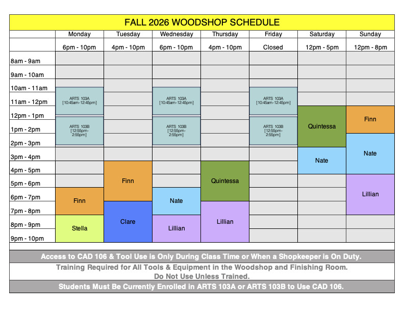 2026 Fall Woodshop Schedule LIsting