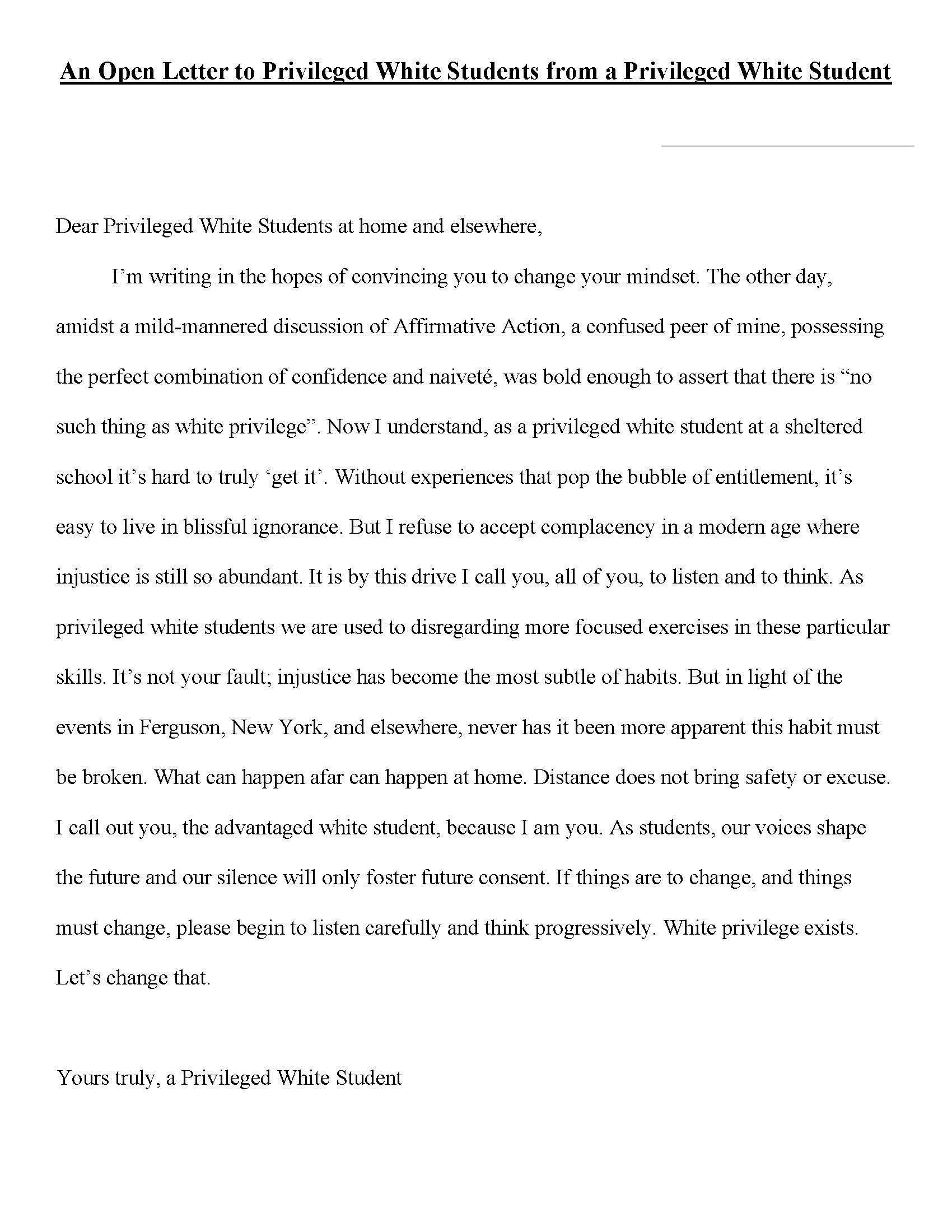 An open letter to privileged white students from a privileged white student by D P