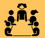 Black icons of individuals at a meeting table on a yellow background