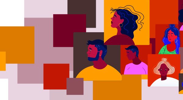 No racism abstract background with young black women and men fac