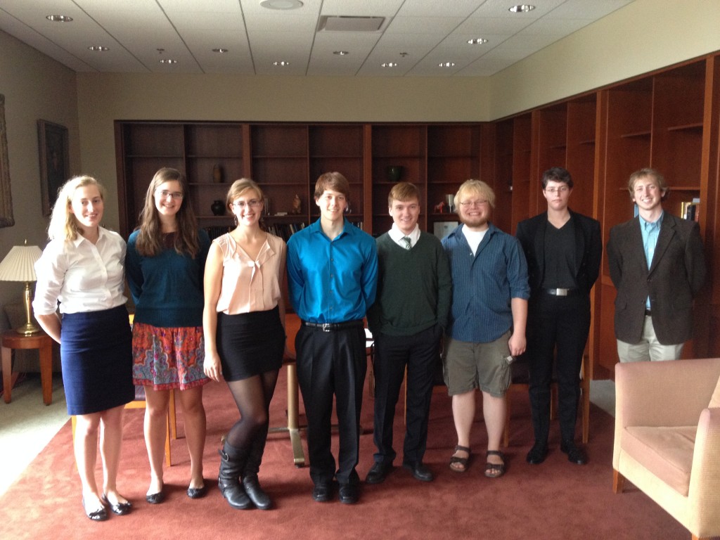 Phi Sigma Tau's Members of the 2014-2015 Academic Year (Left-Right): Meredith Varie '16, Margaret Schenck '16, Vera Lochtefeld '16, Greg Gianopoulos '16, Nicholas Squires '16, Samuel Benson '15, Margaret Scweiger '15, and Bergen Nelson '15.