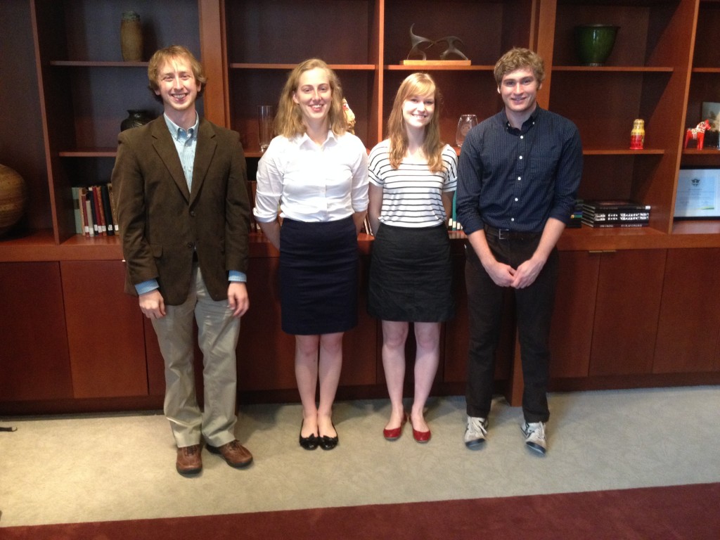 Phi Sigma Tau Officers of 2014-2015 (Left to Right): President Bergen Nelson '15, Vice-President Meredith Varie '16, Secretary Emma Ritter '15, and Treasurer Mitch Kampf '15.