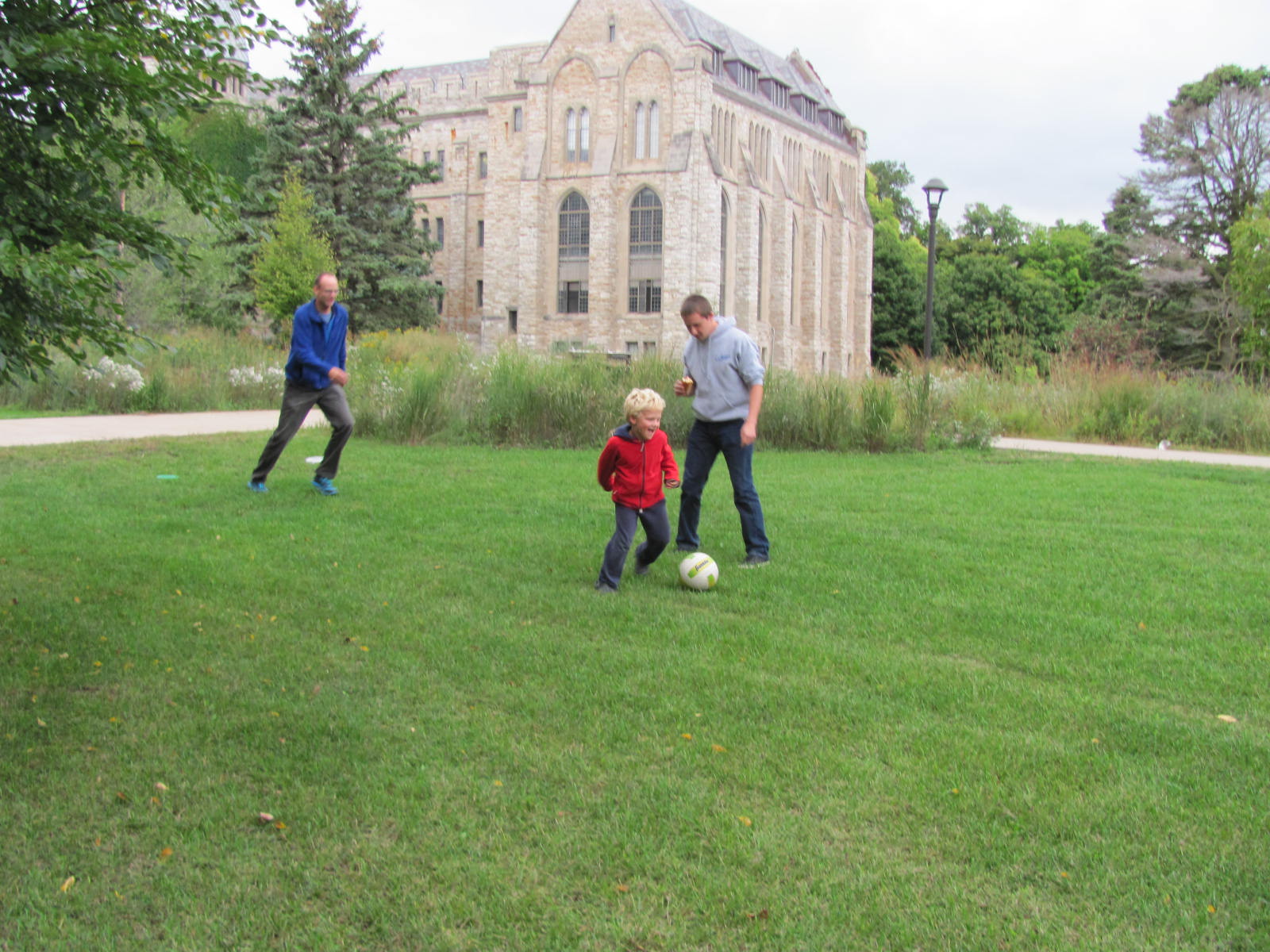 Playing a serious game of soccer with Prof. Brian Borovsky and his son.