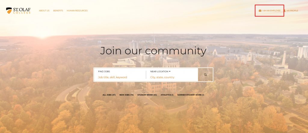Screenshot showing "I AM AN EMPLOYEE" button
