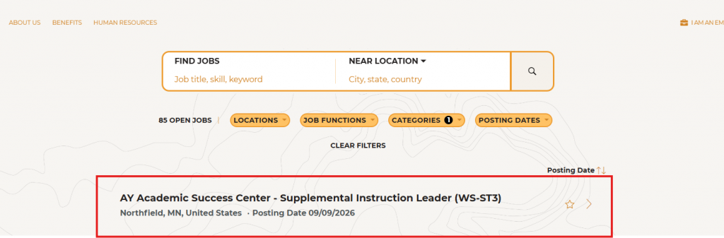Screenshot of job posting for Academic Success Center Supplemental Instruction Leader