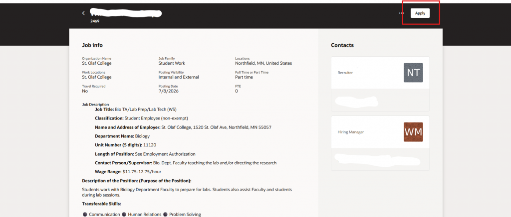 Screenshot with Job Description and "Apply" button in the top right corner