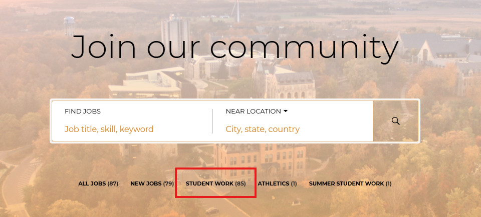 Screenshot of button to select "Student Work" jobs.