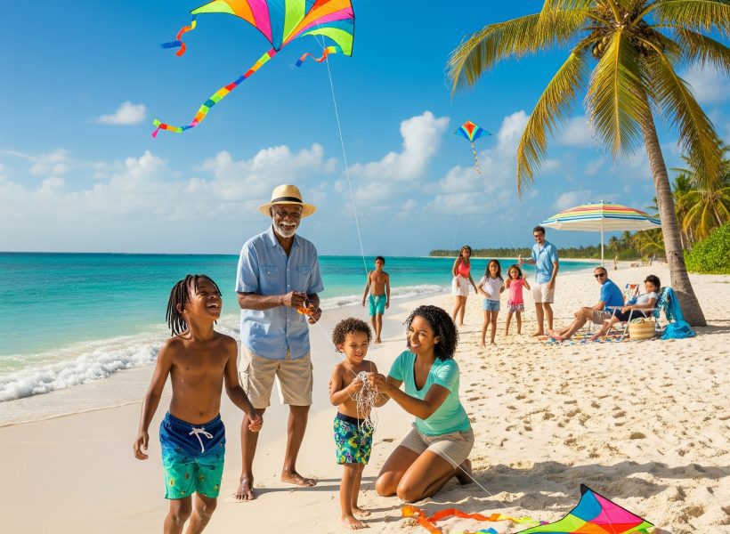 Caribbean family people kites beach