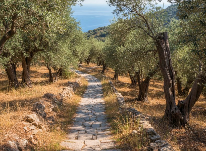 Europe walking path olive trees sea view