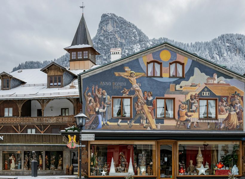 Europe Germany Oberammergau Passion Play mural mountains