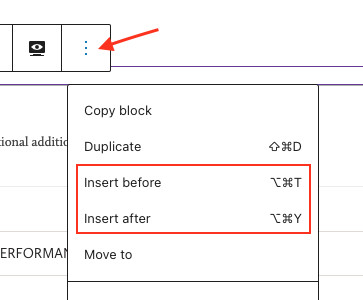 add blocks either before or after an existing block with the block's menu