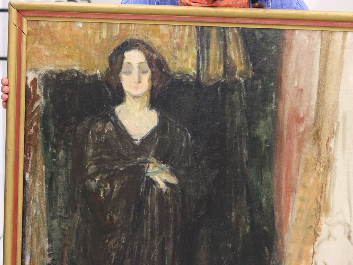 Close up of an unfinished painting of Eva Mudocci, thought to be created by Norwegian artist Edvard Munch.